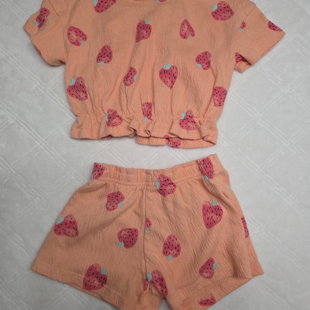 Kids Peach Strawberry-Print Matching Set - Short Sleeve Top & Shorts